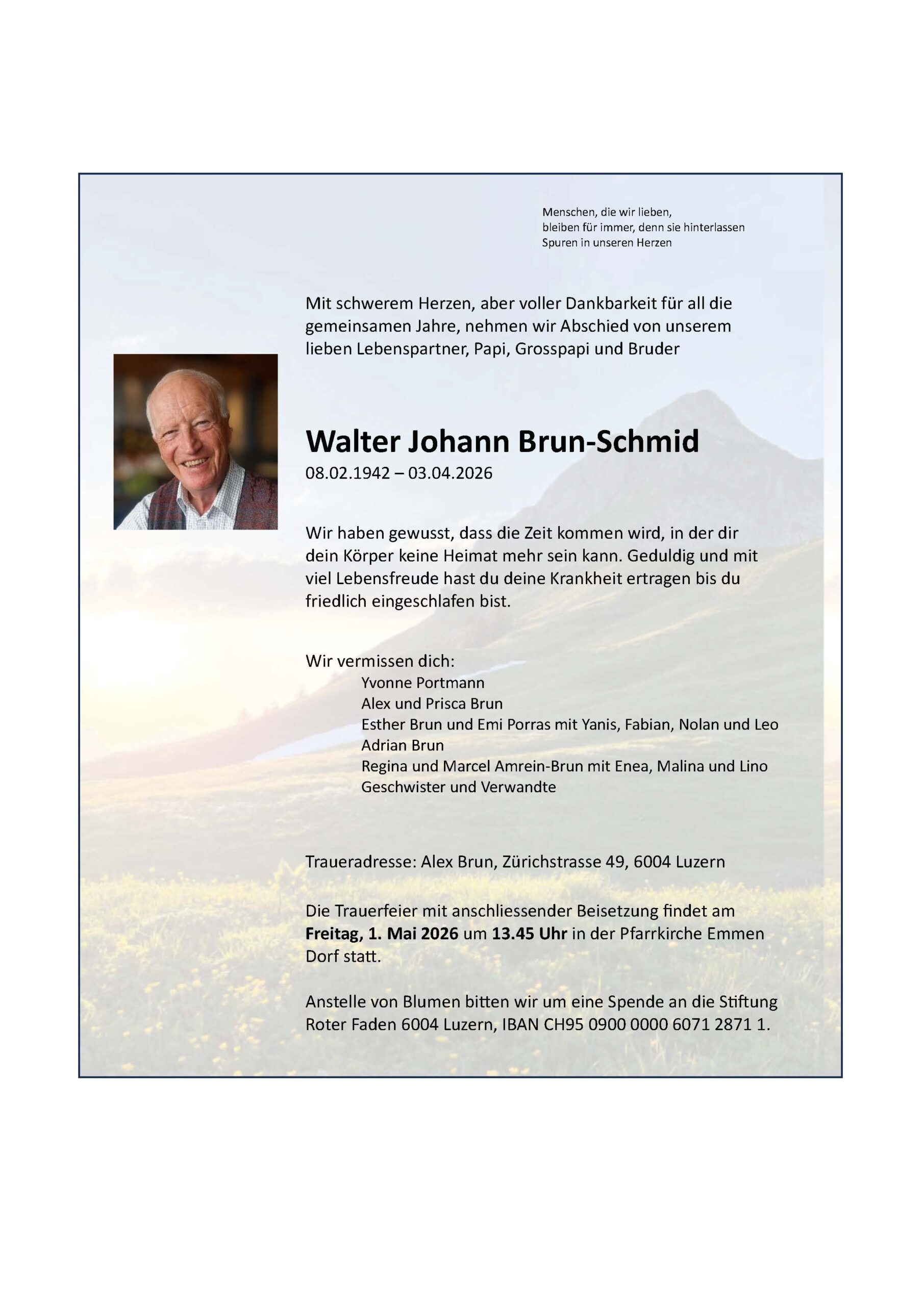 Traueranzeige Walter Brun